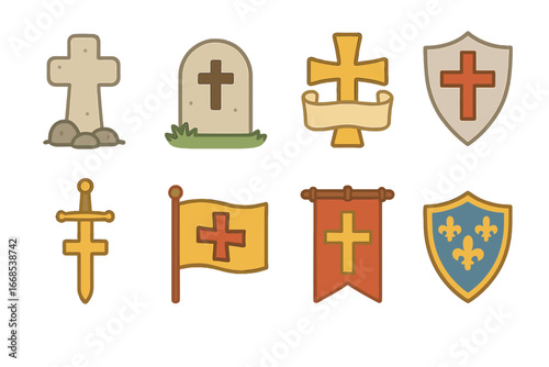 Historical Cross Icons. Flat vector mini-illustrations cross in history in colors children's illustrations: ancient stone cross,