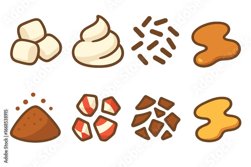 Hot Cocoa Toppings. Flat vector mini-illustrations hot cocoa toppings in colors children's illustrations: marshmallows, whipped