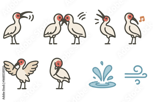 Ibis Sound Icons. Flat vector mini-illustrations ibis calls and sounds in colors children's illustrations: ibis calling, ibis