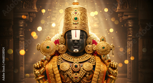 Stunning golden deity statue radiates divine energy in a spiritual and religious setting