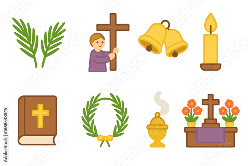 Holy Week Icons. Flat vector mini-illustrations Great Lent holy week in colors children's illustrations: palm leaves, cross