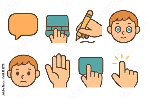 Interactive Input Icons. Flat vector mini-illustrations human input in colors children's illustrations: speech bubble, hand typing