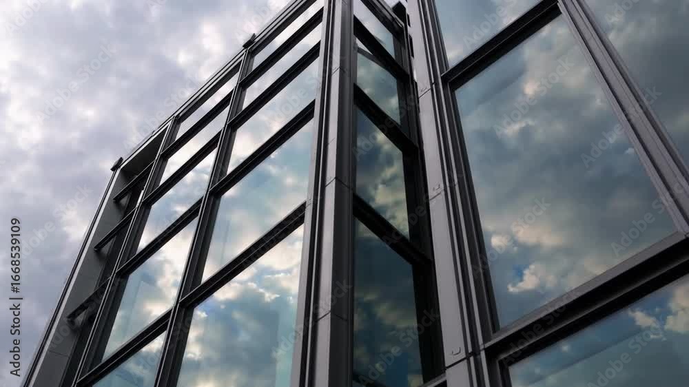 detailed close-up view of the architectural facade of contemporary office building set against cloudy summer sky