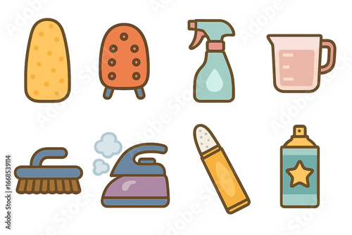 Ironing Essentials Icons. Flat vector mini-illustrations ironing accessories in colors children's illustrations: ironing board
