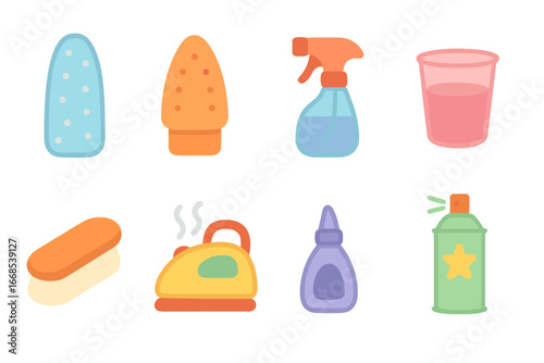 Ironing Essentials Icons. Flat vector mini-illustrations ironing accessories in colors children's illustrations: ironing board