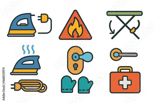 Ironing Safety Icons. Flat vector mini-illustrations ironing safety in colors children's illustrations: unplugged iron, heat