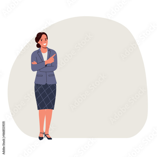   Young woman point up at good deal and advices use this copy space. Vector flat style cartoon illustration