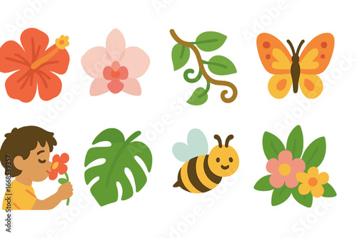 Jungle Flower Icons. Flat vector mini-illustrations jungle flowers in colors children's illustrations: hibiscus, orchid, jungle