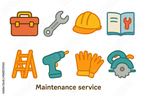 Kids Maintenance Icons. Flat vector mini-illustrations maintenance service in colors children's illustrations: toolbox, wrench,