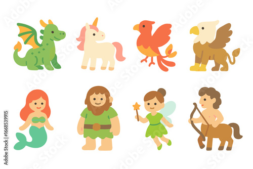 Legendary Creatures Grid. Flat vector mini-illustrations legendary creatures in colors children's illustrations: dragon, unicorn,