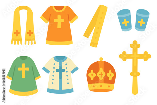 Liturgical Garments Icons. Flat vector mini-illustrations liturgical garments in colors children's illustrations: epitrachelion,