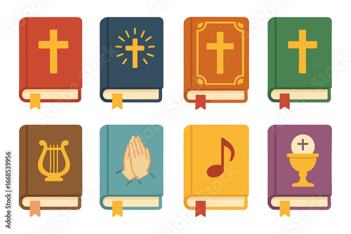Liturgical Books Icons. Flat vector mini-illustrations Liturgical books in colors children's illustrations: missal, breviary,