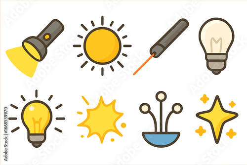 Light Icons Grid. Flat vector mini-illustrations light and photons in colors children's illustrations: flashlight beam, sun rays,