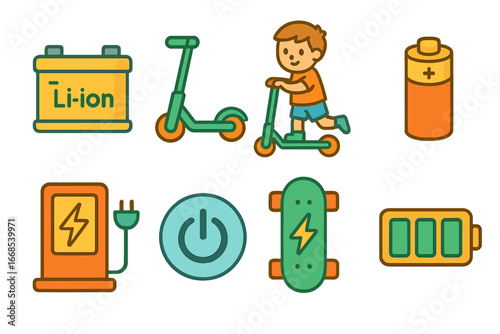Lithium Technology Icons. Flat vector mini-illustrations lithium technology in colors children's illustrations: lithium battery,