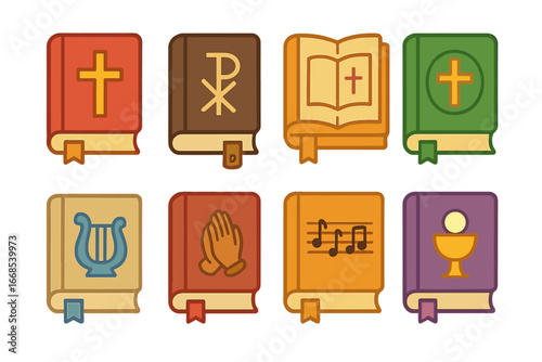 Liturgical Books Icons. Flat vector mini-illustrations Liturgical books in colors children's illustrations: missal, breviary,