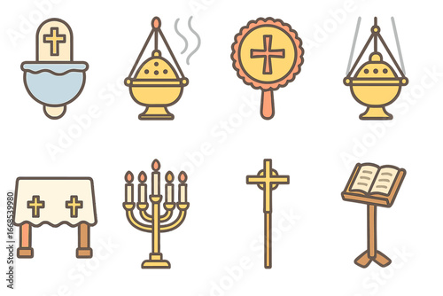 Liturgy Icons for Kids. Flat vector mini-illustrations liturgy accessories in colors children's illustrations: holy water font,