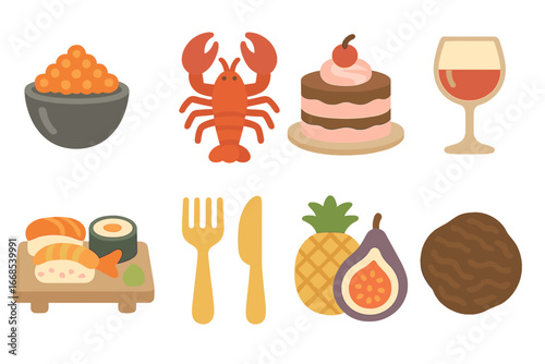 Luxury Foods Grid. Flat vector mini-illustrations luxury food and drink in colors children's illustrations: caviar, lobster,