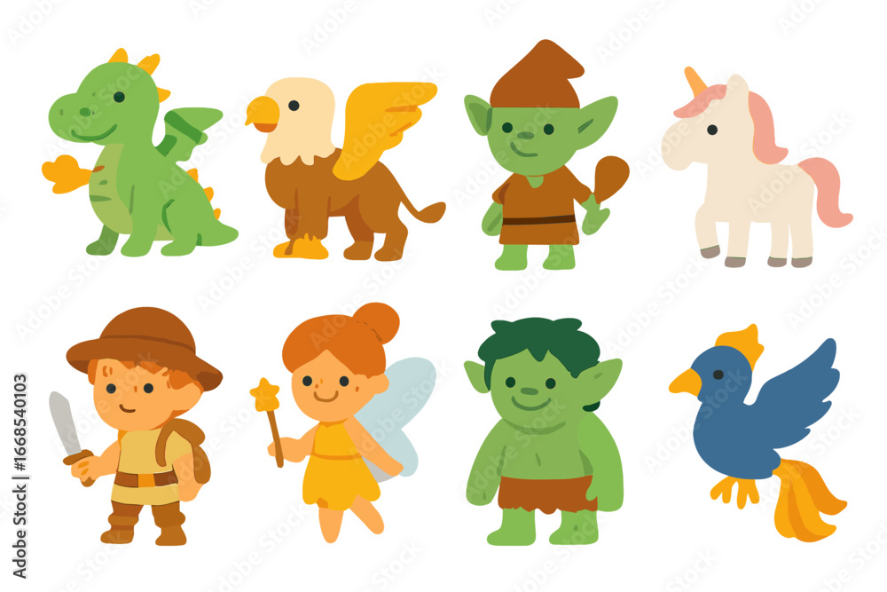 Fototapeta premium Magical Creature Grid. Flat vector mini-illustrations quest creatures in colors children's illustrations: dragon, griffin, goblin,