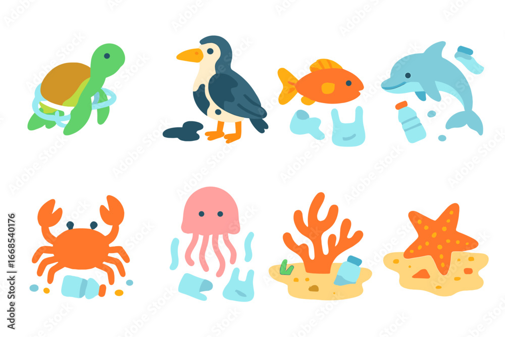 Fototapeta premium Marine Pollution Icons. Flat vector mini-illustrations affected marine animals in colors children's illustrations: turtle tangled