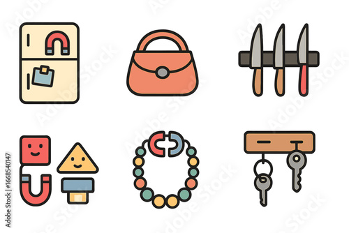 Magnet Icons Collection. Flat vector mini-illustrations magnet in everyday life in colors children's illustrations: fridge magnet,