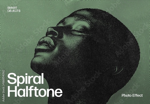 Spiral Halftone Photo Effect Template & Retro Engraving Line Art Style Image Filter