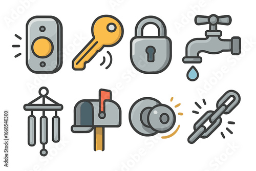 Metallic Household Icons. Flat vector mini-illustrations metallic household objects in colors children's illustrations: metal
