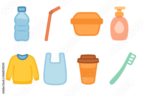 Microplastics in Daily Life. Flat vector mini-illustrations microplastic in daily life in colors children's illustrations: bottled