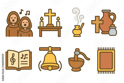 Monastery Rituals Icons. Flat vector mini-illustrations monastery rituals in colors children's illustrations: monks chanting,