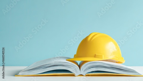 A yellow protective helmet rests atop an open book against a light blue background