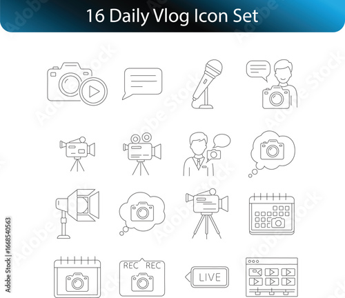 Minimalist Line Art Daily Vlog Icons Collection – Simple Black and White Vector Set, vlog tools icons, vlog equipment icons.