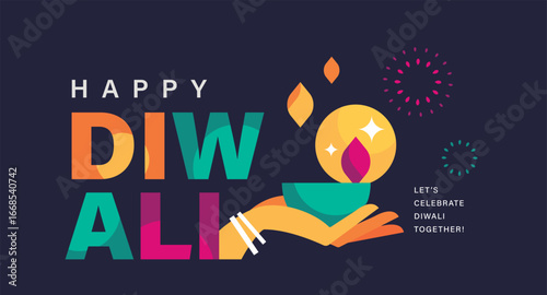 Happy Diwali Hindu festival modern design with hands, Diya oil lamps and typography. Vector illustration for greeting card, poster, cover, banner.
