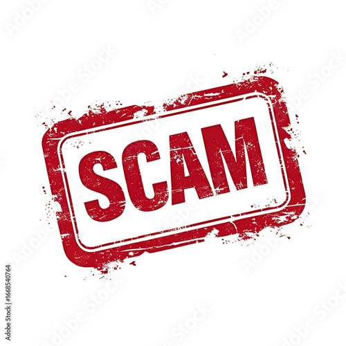 A red rubber stamp imprinted with the word SCAM in white letters, symbolizing fraud and deception