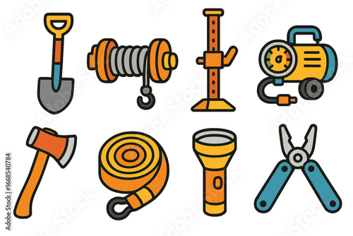 Off-Road Tool Icons. Flat vector mini-illustrations off-road tools in colors children's illustrations: shovel, winch, jack, tire
