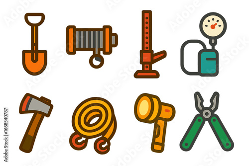Off-Road Tool Icons. Flat vector mini-illustrations off-road tools in colors children's illustrations: shovel, winch, jack, tire