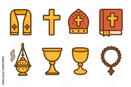 Orthodox Priest Symbols. Flat vector mini-illustrations Orthodox priest symbols in colors children's illustrations: epitrachelion,