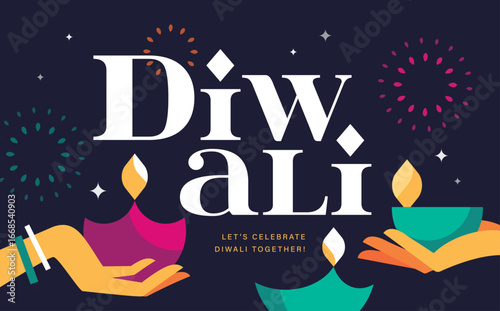 Happy Diwali Hindu festival modern design with hands, Diya oil lamps and typography. Vector illustration for greeting card, poster, cover, banner.
