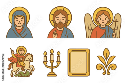 Orthodox Icon Grid. Flat vector mini-illustrations orthodox icons in colors children's illustrations: Virgin Mary, Christ