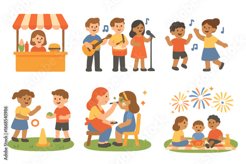 Parish Festival Celebrations. Flat vector mini-illustrations Parish festivals in colors children's illustrations: food stalls,