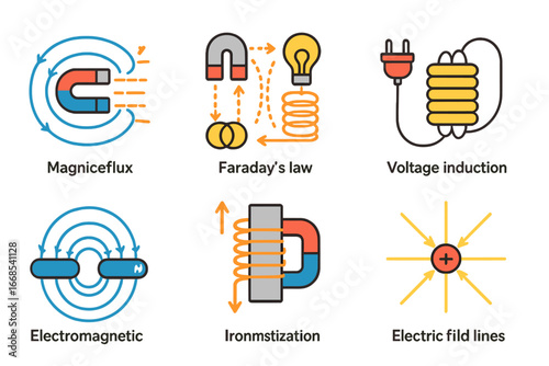 Physics for Kids. Flat vector mini-illustrations transformer physics in colors children's illustrations: magnetic flux, Faraday’s