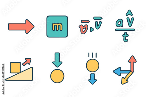 Physics for Kids. Flat vector mini-illustrations acceleration in physics in colors children's illustrations: force arrow, mass