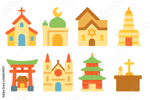 Places of Worship Icons. Flat vector mini-illustrations places of worship in colors children's illustrations: church, mosque,