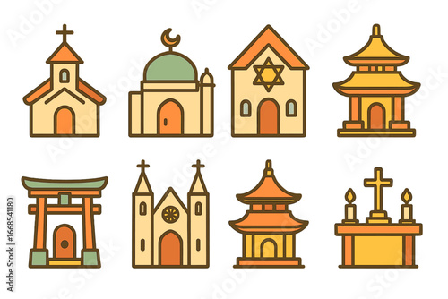 Places of Worship Icons. Flat vector mini-illustrations places of worship in colors children's illustrations: church, mosque,