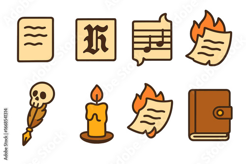 Playful Gothic Icons. Flat vector mini-illustrations black metal lyrics in colors children's illustrations: handwritten notes,