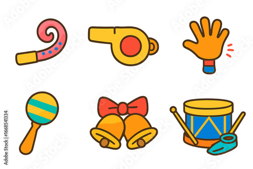 Playful Party Instruments. Flat vector mini-illustrations playful noise makers in colors children's illustrations: party horn,