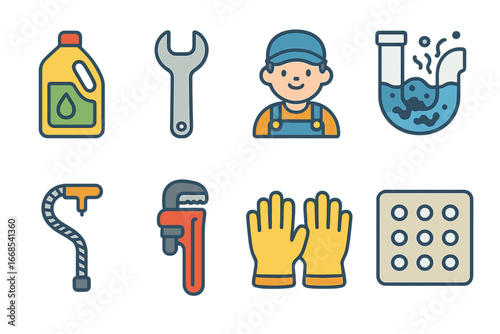 Plumbing Tools Icons. Flat vector mini-illustrations drain maintenance in colors children's illustrations: drain cleaner, wrench,