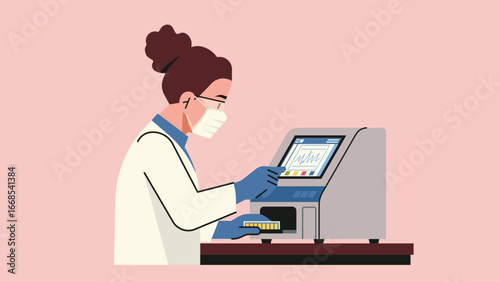 Scientist operating microplate reader for laboratory sample analysis, wearing protective mask and gloves in medical research environment. Flat vector illustration
