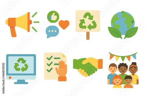 Recycling Awareness Icons. Flat vector mini-illustrations recycling awareness in colors children's illustrations: megaphone,