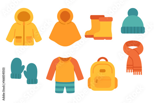 Rainy Day Kids Fashion. Flat vector mini-illustrations rainy day kids fashion in colors children's illustrations: waterproof