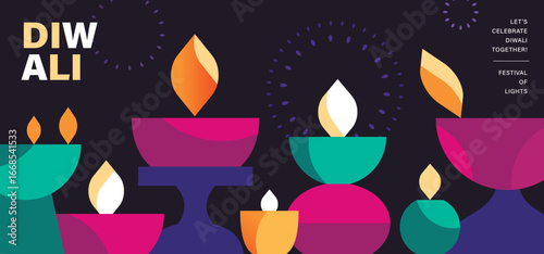 Happy Diwali Hindu festival modern design with hands, Diya oil lamps and typography. Vector illustration for greeting card, poster, cover, banner.
