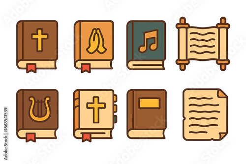 Religious Books Icons. Flat vector mini-illustrations religious books in colors children's illustrations: bible, prayer book, hymn